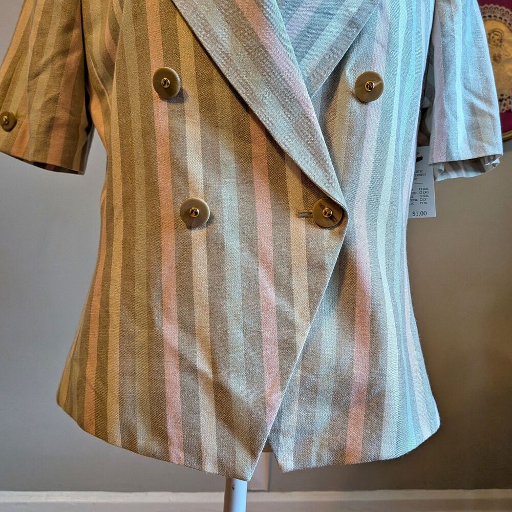 Vintage 90s Kasper Striped Blazer Pastel Linen Double Breasted Light Academia 6P - Picture 6 of 13